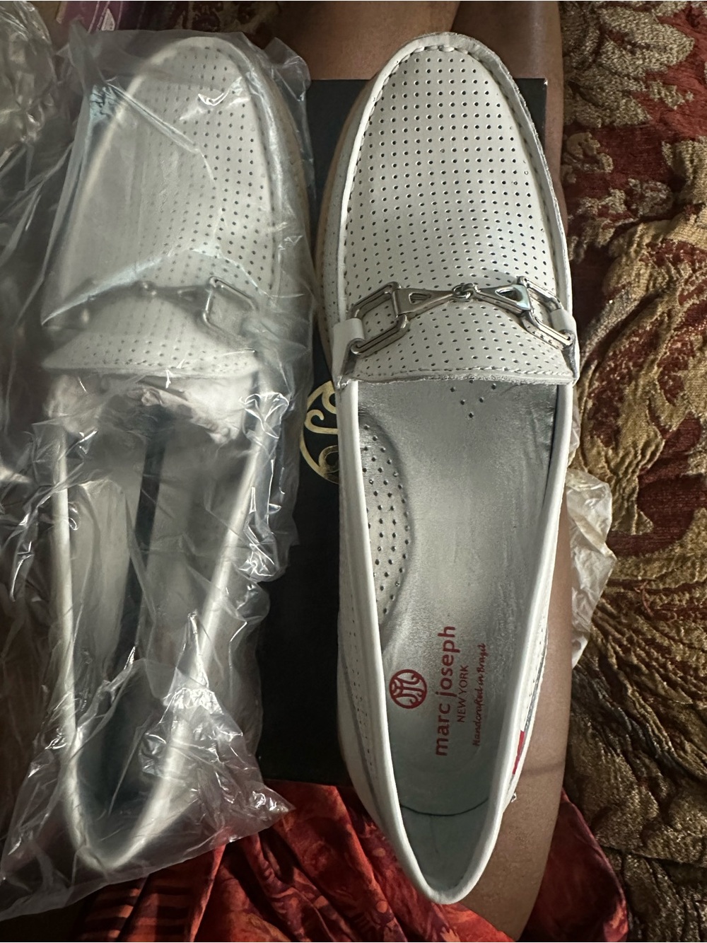 Marc Joseph White Perforated Leather Slip-On Loafers with Silver Bit - Picture 1 of 4